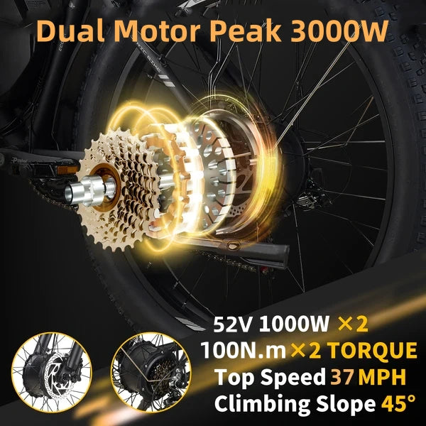 G7 26'' 52V 23Ah 2000W Peak 3000W Dual Motor Electric Fat Tire Bike