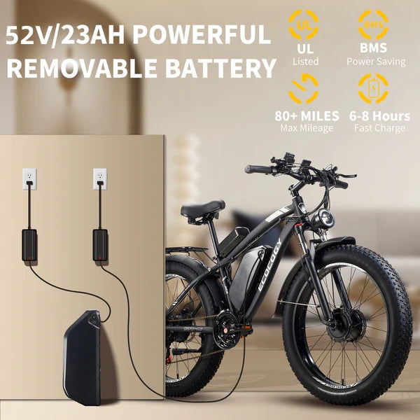 G7 26'' 52V 23Ah 2000W Peak 3000W Dual Motor Electric Fat Tire Bike